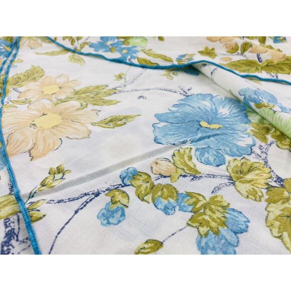 1960s Mod Retro Flower Power Table cloth Round Leaves Blue Green Yellow 65" Dia - Picture 6 of 9